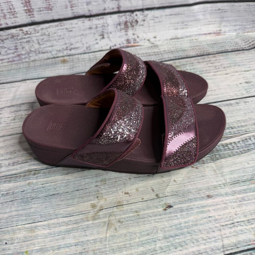 FitFlop Glitter Slide Sandals Burgundy Plum Crystal Comfort Womens US 8